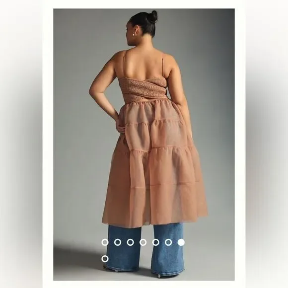 Anthropologie X OhSevenDays Tiered Sheer Midi Dress Size Large color blush - Picture 3 of 11